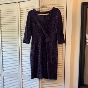 Tahari Deep Purple Lace Wrap-Style Midi Dress